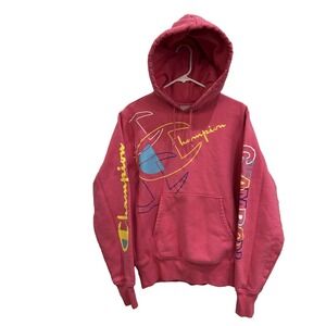 CHAMPION Adult Hoodie M Pink Reverse Weave Logo Graphic Retro Streetwear Skate